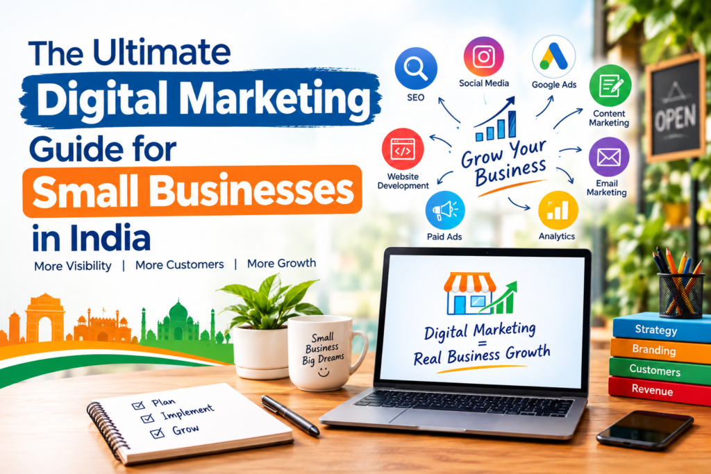 The Ultimate Digital Marketing Guide for Small Businesses in India, featuring SEO, social media, Google Ads, content marketing, website development, paid ads, analytics, and business growth.