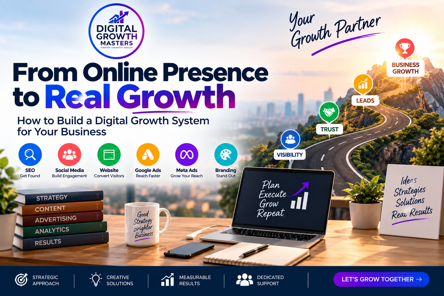 Digital growth strategy connecting SEO website social media and online advertising
